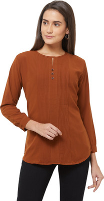 GO.4.IT Casual 3/4 Sleeve Solid Women Brown Top