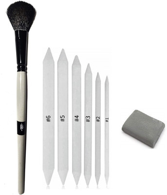 Definite Art White Paper Art Blending Stumps or Tortillon for Shading, Blending and Smudging (Pack of 6), Blending Foundation Brush and One Kneadable Eraser for Charcoal and Pastel Pencils; Ideal Drawing Set for Students, Professionals, Artists
