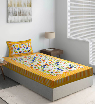 E ELMA 144 TC Cotton Single Jaipuri Prints Flat Bedsheet(Pack of 1, Yellow)