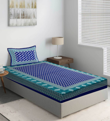 E ELMA 144 TC Cotton Single Jaipuri Prints Flat Bedsheet(Pack of 1, Blue)