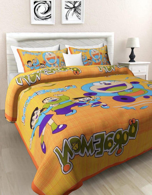 avtar Cotton Queen Flat 165 TC Cartoon Bedsheet(Pack of 1, Yellow)