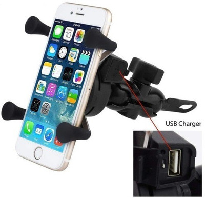 Qiisx X-Grip Mobile Phone Holder with USB Charger Bike Mobile Holder Bike Mobile Holder(Black)