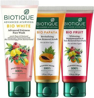 BIOTIQUE BIO WHITE ADVANCE FAIRNESS FACE WASH,100ml & BIO PAPAYA TAN REMOVEL SCRUB,100ml & BIO FRUIT WHITENING FACE PACK,100ml(3 Items in the set)