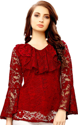 ORIEX Girls Casual Net Top(Red, Pack of 1)