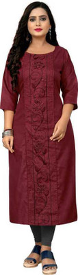 Ladylaz Women Embroidered Straight Kurta(Maroon)