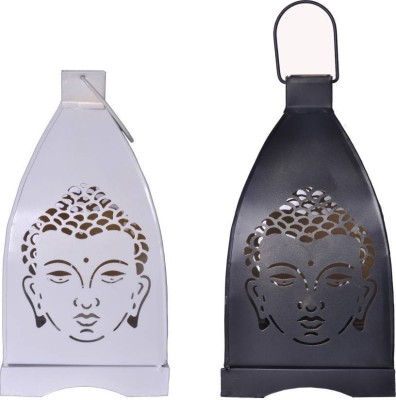 Heaven Decor Decorative Hanging Buddha Tealight Candle Holder Lantern Indoor outdoor Home Decoration/Special Occasion Decoration ,Table Top T-light Candle Holder, Corporate Gifts Set Of 2 (Black / White) Multicolor Iron Hanging Lantern(20 cm X 10 cm, Pack of 2)