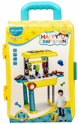 Happy Craftsman Tool Play Set for Kids with Carry Around Suitcase on Wheels, for Little Engineers Pretend Toolbox Construction and Role Play Workshop Kit with Trolly Suit