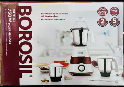 BOROSIL HAMG750W28 SuperMax 750W – Red 750 Juicer Mixer Grinder (3 Jars, Red, White)