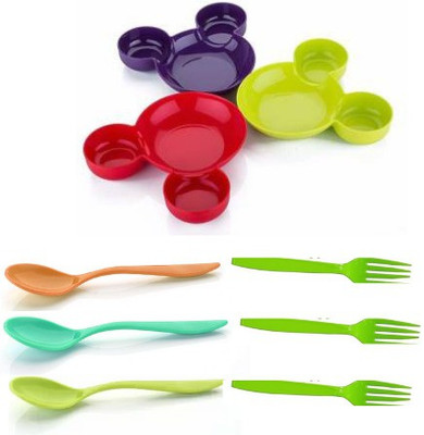 Skyplex Cute Cartoon Plastic Plate Snack Serving Plate with free spoon and fork Mickey Mouse Shape Plates for Kids, Baby Cartoon Plate Best for Kids Gift (Multi-Color) Set of 3 pics Sectioned Plate Sectioned Plate(Pack of 3, Microwave Safe)