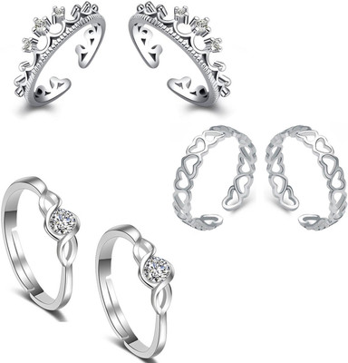 Om Jewells Designer Adjustable CZ Toe Rings Combo Alloy Cubic Zirconia Rhodium Plated Toe Ring