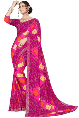 Kanooda Prints Printed Bandhani Georgette Saree(Pink)