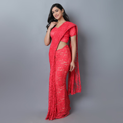 AVANTIKA FASHION Self Design, Embellished, Woven, Dyed, Solid/Plain Bollywood Net, Art Silk Saree(Red)