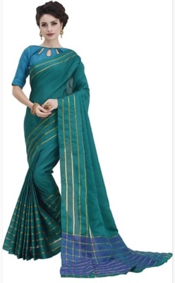 manvaa Striped Bollywood Cotton Silk Saree(Green)