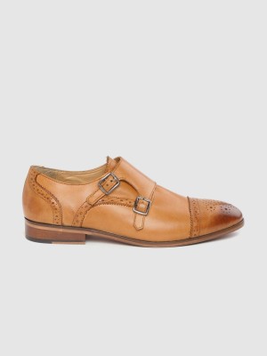 House of Pataudi Men Tan Brown Leather Brogue Detail Handcrafted Formal Monks Monk Strap For Men(Tan , 8)