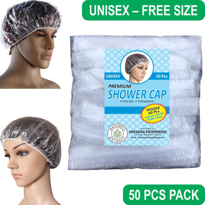 nature's extract 50pcs) SHOWER CAP / BATH CAP – Reusable – Waterproof – Unisex - Free Size – Transparent - Multipurpose use in Home / Salons / Spa / Travelling / Camping