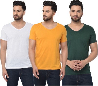 Adorbs Solid Men V Neck Dark Green, White, Yellow T-Shirt