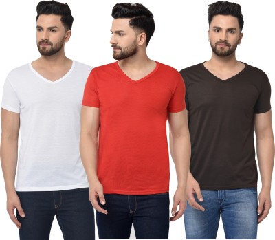 Adorbs Solid Men V Neck Red, White, Brown T-Shirt