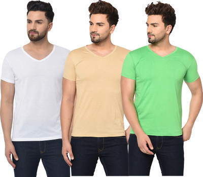 Jaskart Solid Men V Neck White, Beige, Light Green T-Shirt