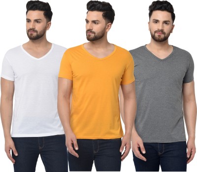 Jangoboy Solid Men V Neck White, Grey, Yellow T-Shirt