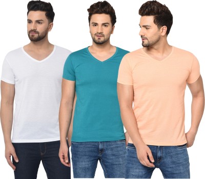 Jangoboy Solid Men V Neck White, Blue, Beige T-Shirt