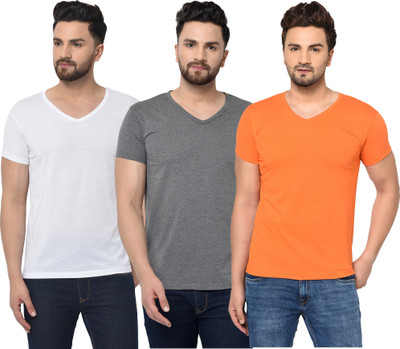 Jaskart Solid Men V Neck White, Orange, Grey T-Shirt
