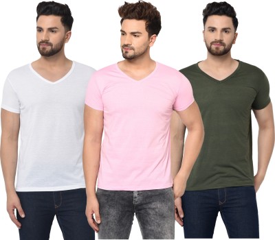 Jaskart Solid Men V Neck Dark Green, White, Pink T-Shirt