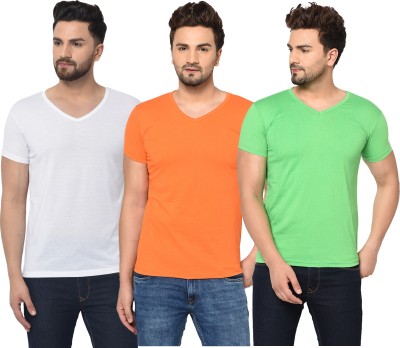 Bribzy Solid Men V Neck Green, White, Orange T-Shirt