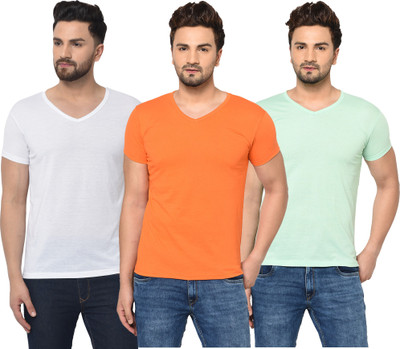 Jangoboy Solid Men V Neck White, Orange, Light Green T-Shirt