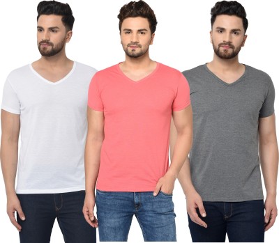 Jangoboy Solid Men V Neck White, Pink, Grey T-Shirt