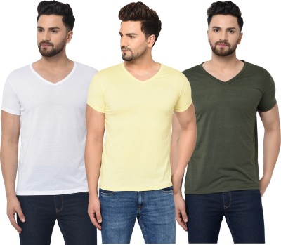 Unite Wear Solid Men V Neck Dark Green, White, Yellow T-Shirt
