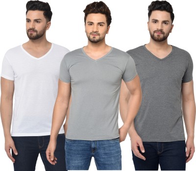 Adorbs Solid Men V Neck White, Grey T-Shirt