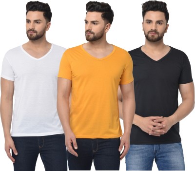 Jaskart Solid Men V Neck White, Black, Yellow T-Shirt