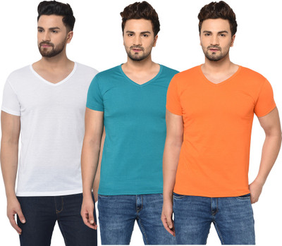 Bribzy Solid Men V Neck Light Blue, White, Orange T-Shirt