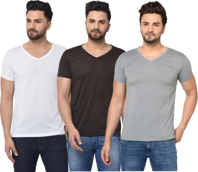 Unite Wear Solid Men V Neck White, Brown, Grey T-Shirt