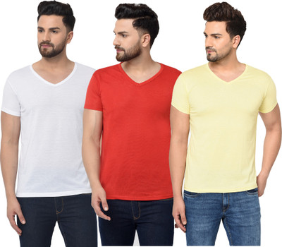 Jangoboy Solid Men V Neck Red, White, Yellow T-Shirt