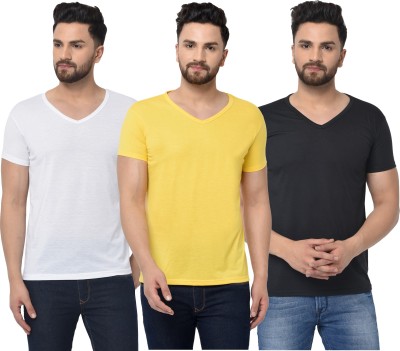 Bribzy Solid Men V Neck White, Black, Yellow T-Shirt