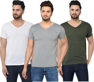 Bribzy Solid Men V Neck Dark Green, White, Grey T-Shirt