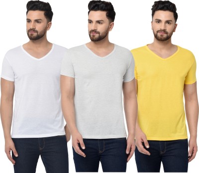 Bribzy Solid Men V Neck White, Grey, Yellow T-Shirt