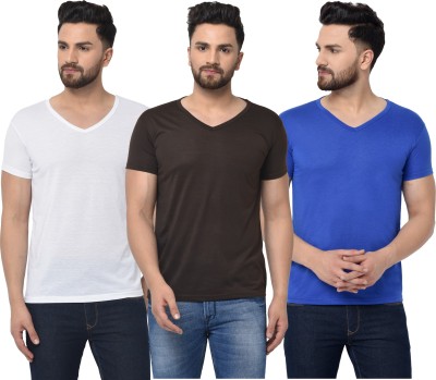 Jaskart Solid Men V Neck White, Blue, Brown T-Shirt