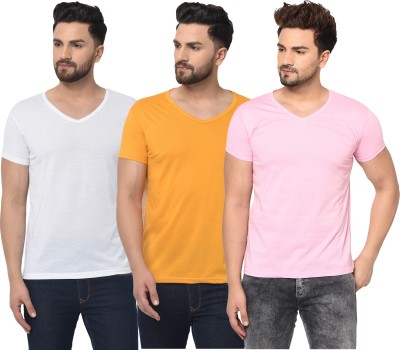 Jaskart Solid Men V Neck White, Pink, Yellow T-Shirt