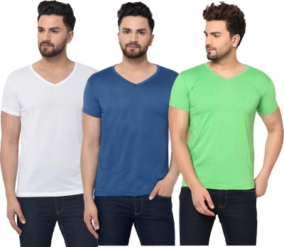 Jaskart Solid Men V Neck Dark Blue, White, Light Green T-Shirt