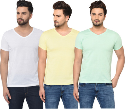 Jangoboy Solid Men V Neck White, Light Green, Yellow T-Shirt
