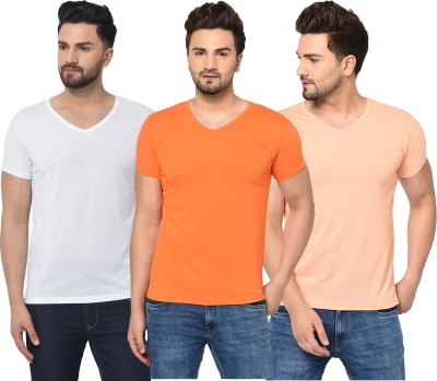 Unite Wear Solid Men V Neck White, Orange, Beige T-Shirt