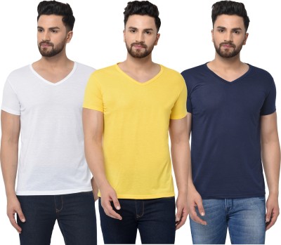 Jangoboy Solid Men V Neck Dark Blue, White, Yellow T-Shirt