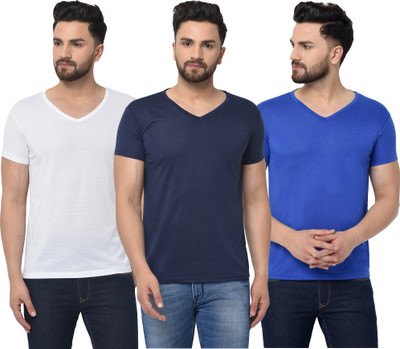 Bribzy Solid Men V Neck Dark Blue, White, Blue T-Shirt