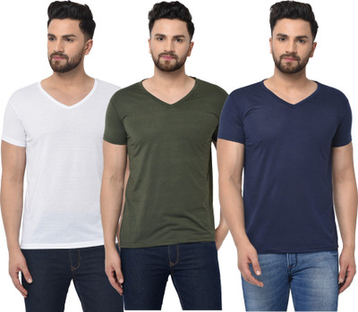 Jangoboy Solid Men V Neck Dark Blue, Dark Green, White T-Shirt