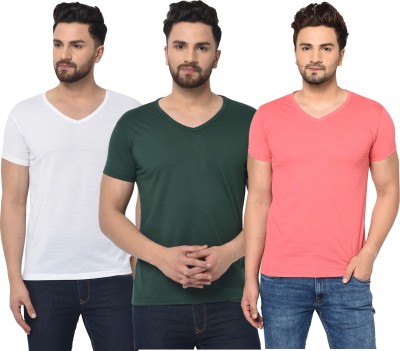 Jaskart Solid Men V Neck Dark Green, White, Pink T-Shirt