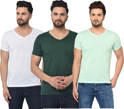 Unite Wear Solid Men V Neck Light Blue, Dark Green, White T-Shirt