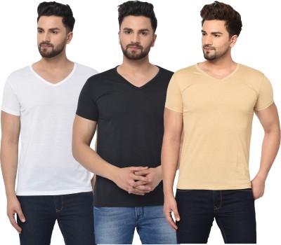 Bribzy Solid Men V Neck White, Black, Beige T-Shirt