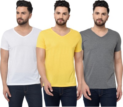 Tivy Solid Men V Neck White, Grey, Yellow T-Shirt